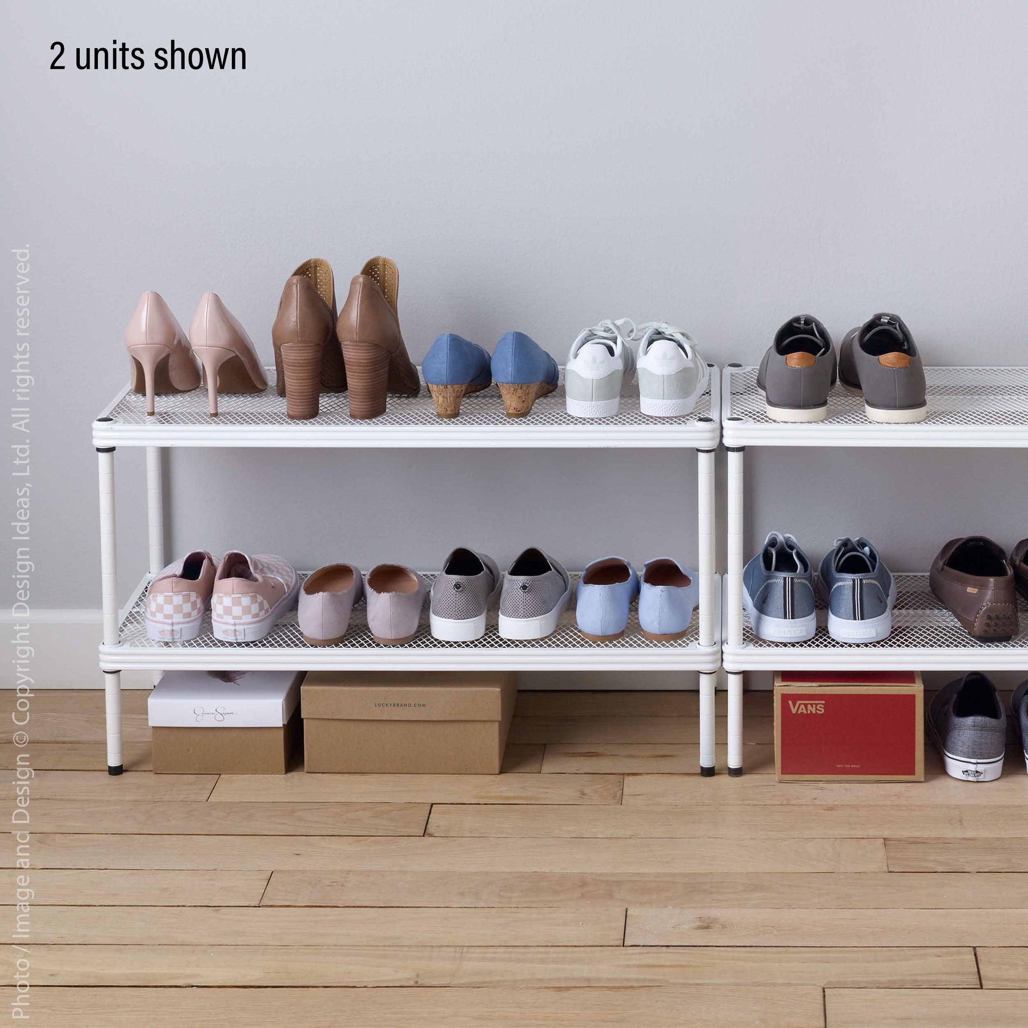 Two MeshWorks units shown as stacked shelving with shoes