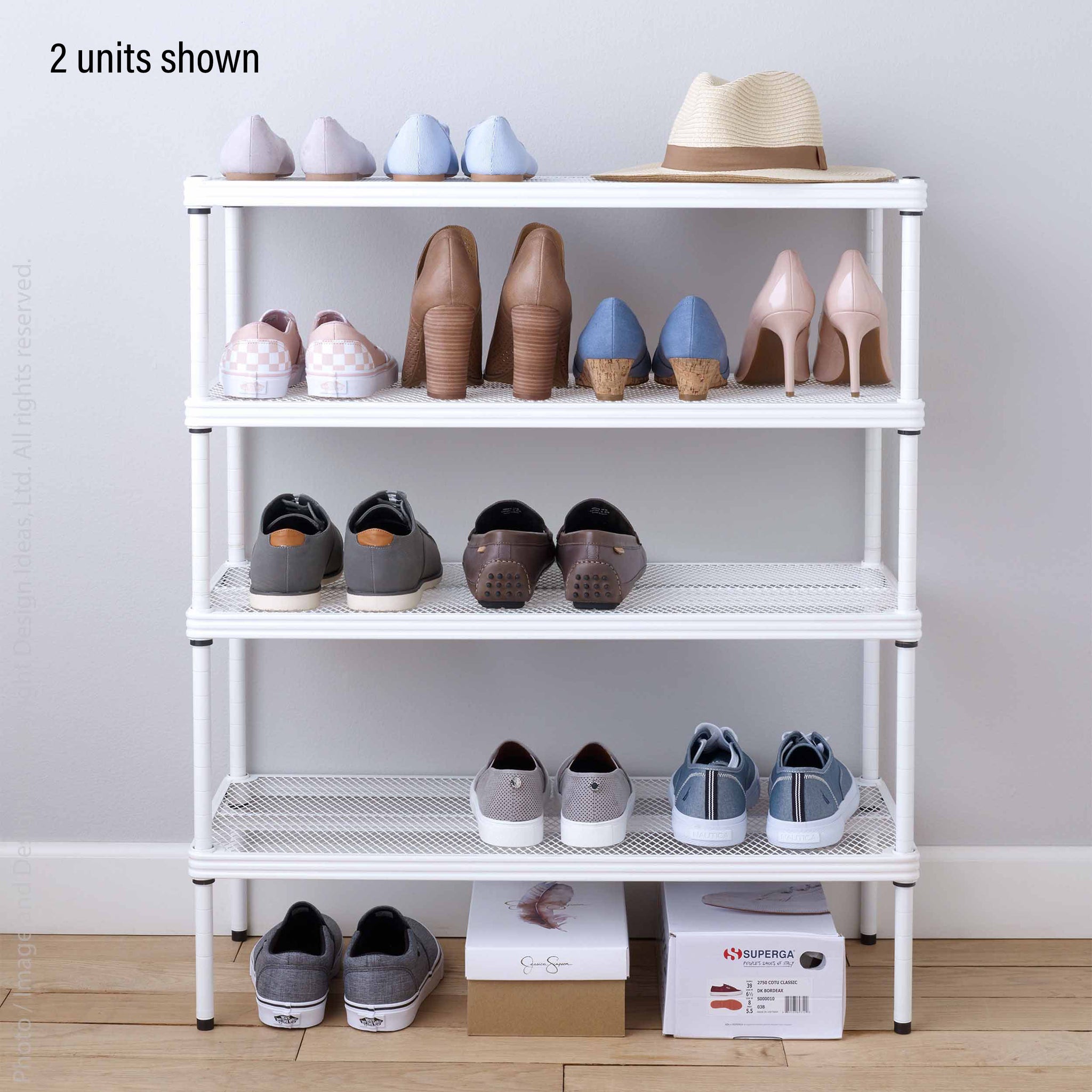 Full view of a 3-tier MeshWorks shelving with shoes and hats