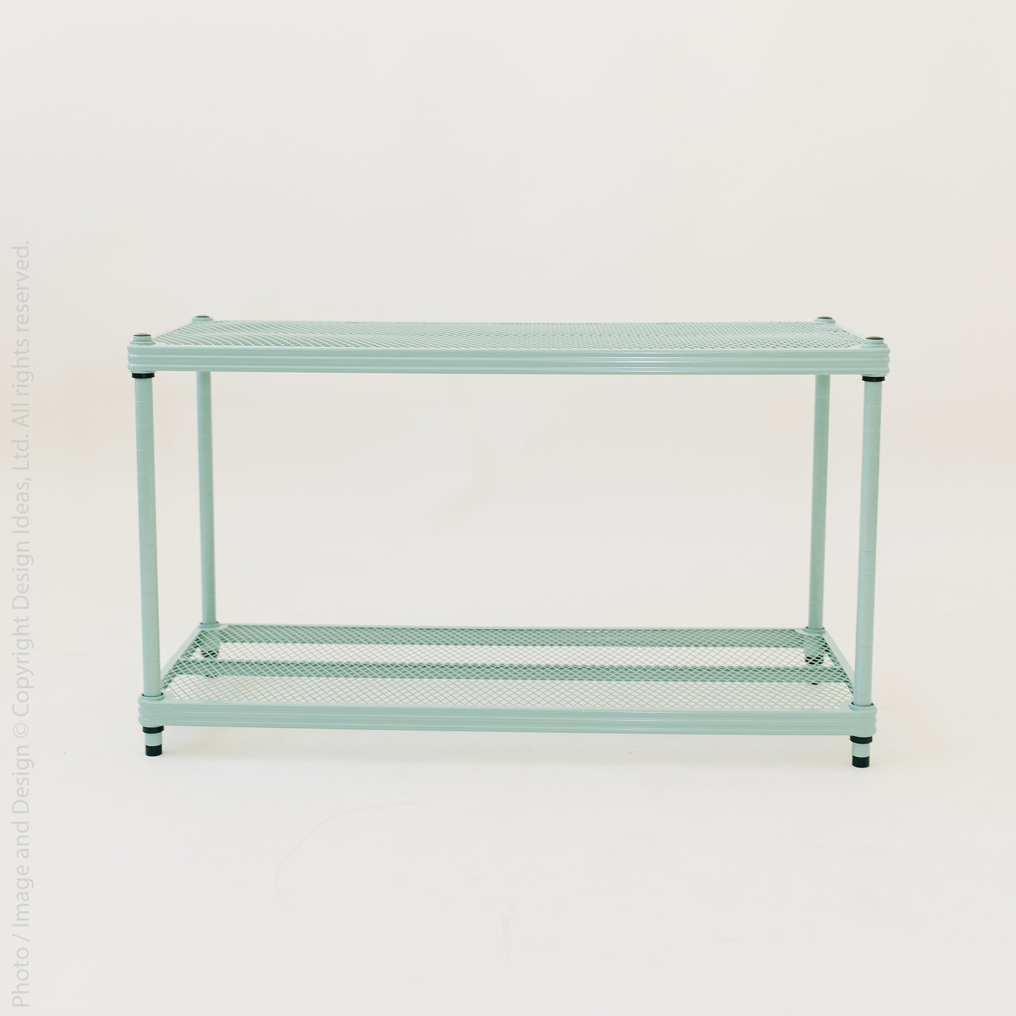 Mint green shelving with top view