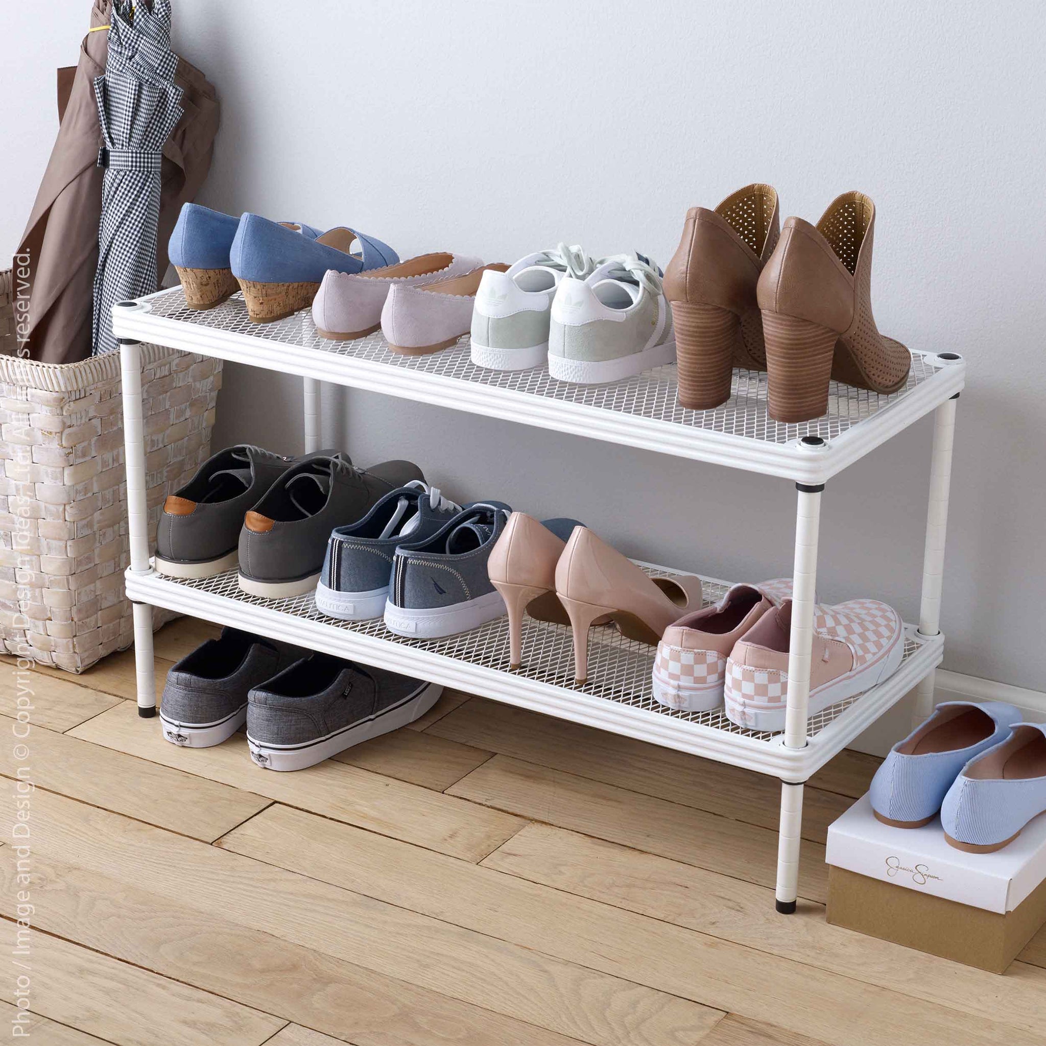 Shelving unit used as shoe rack with multiple pairs